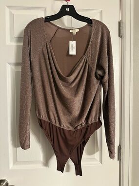 Kori Metallic Taupe Drape Neck Long-Sleeve Bodysuit